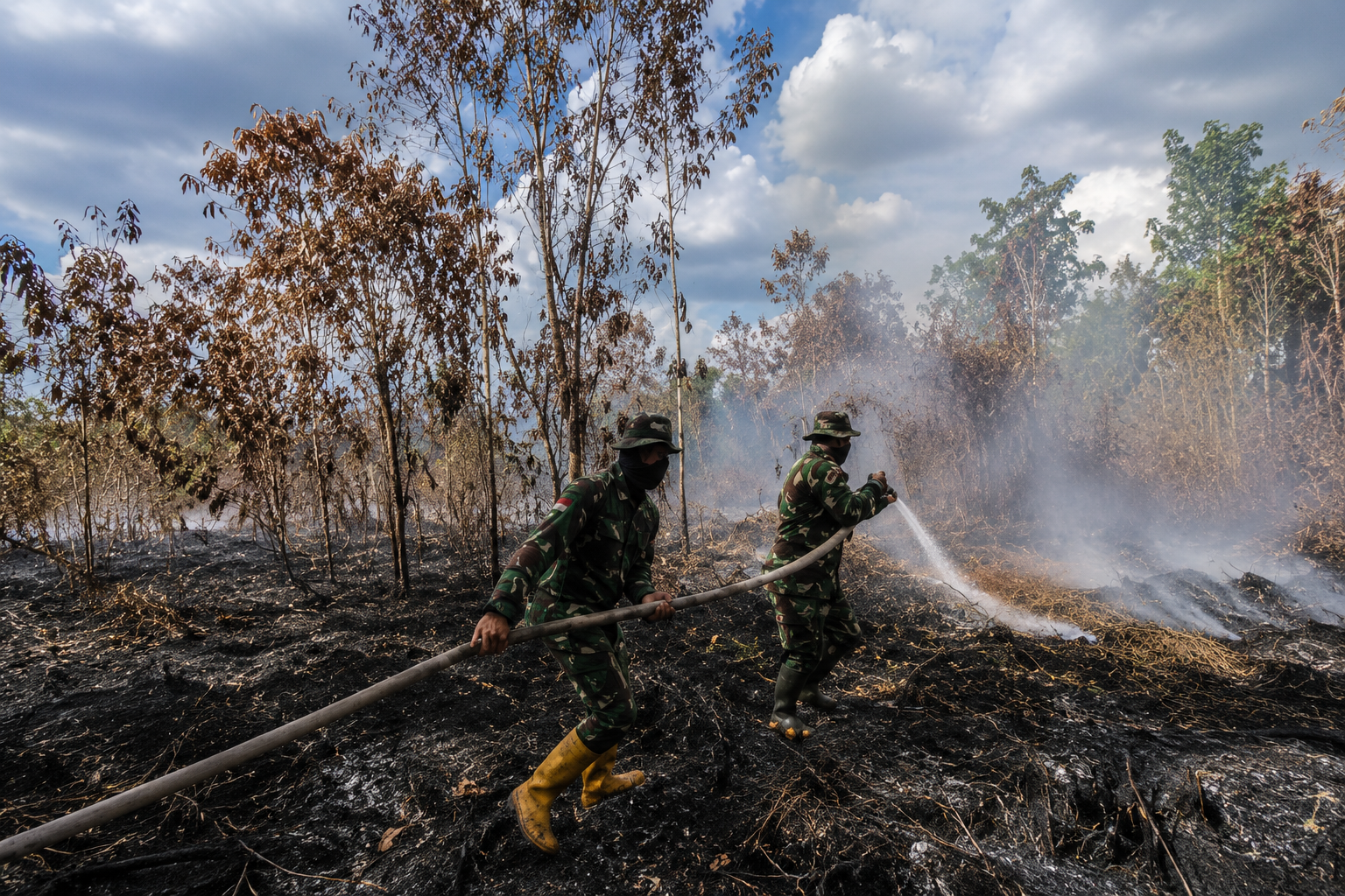 Petugas sedang berusaha memadamkan api di hutan dan lahan yang terbakar (Foto Media Justitia)